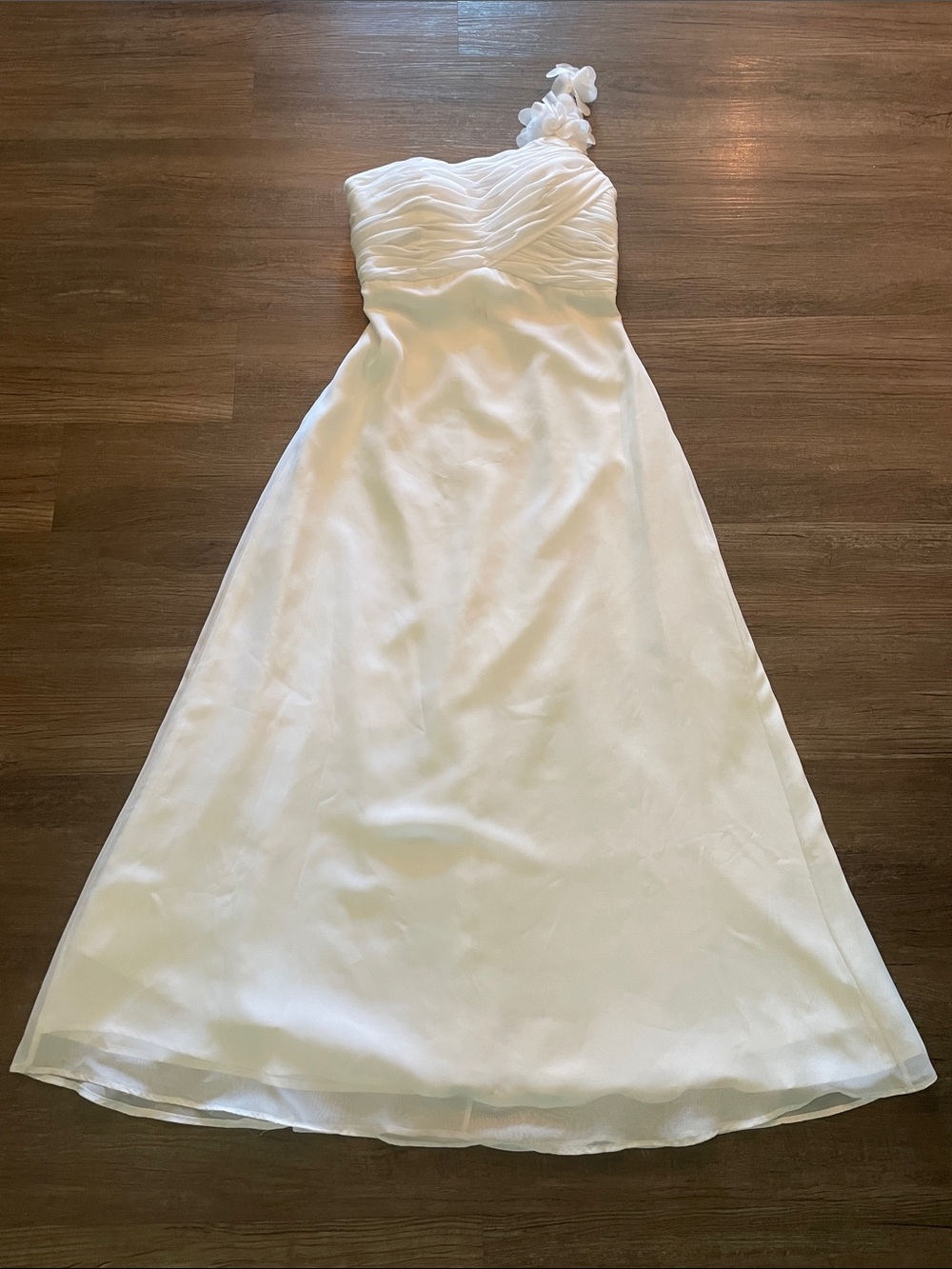 One-Shoulder White Bridal A-Line Dress with Floral Strap